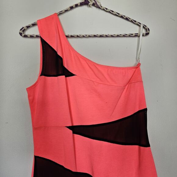 Vtg Y2K 90s Deb Mini Dress Size L One Shoulder Mesh Hot Pink Black Party HOCO - Picture 4 of 11